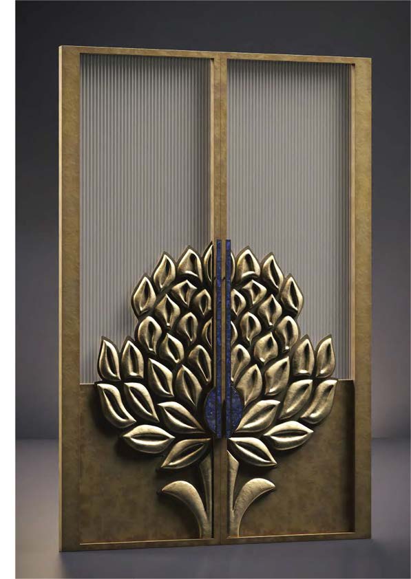 Artistic premium door with sculptural bronze panels