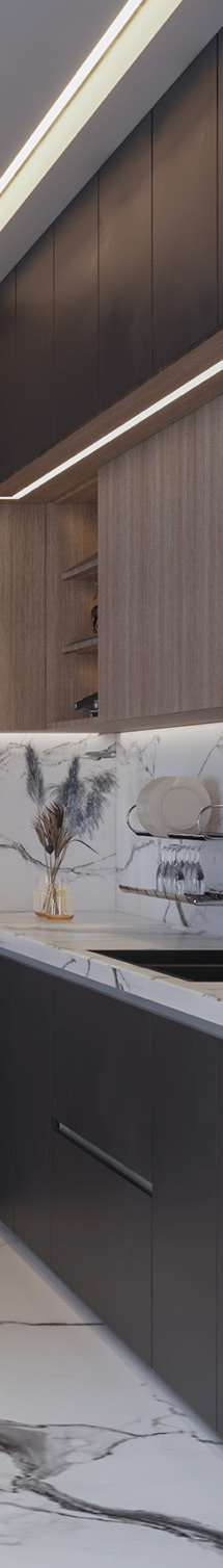 Dark modern kitchen cabinetry with marble island